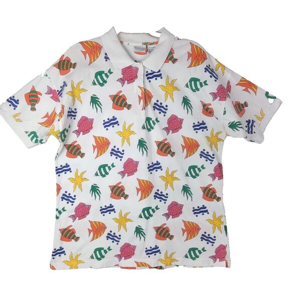 Picone Sport Polo Shirt Womens Large Tropical Fish Colorful 100% Cotton Collared - Picture 2 of 15